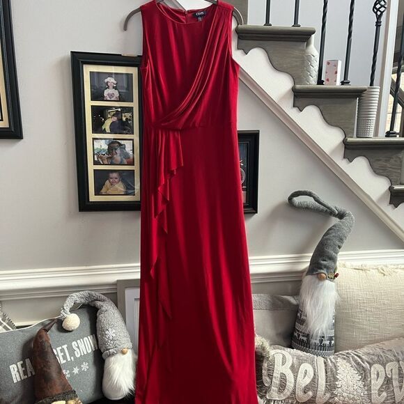 Chaps Red Grecian Drape Ruffle Front Gown Maxi Dress sz 6 EUC - Picture 1 of 5